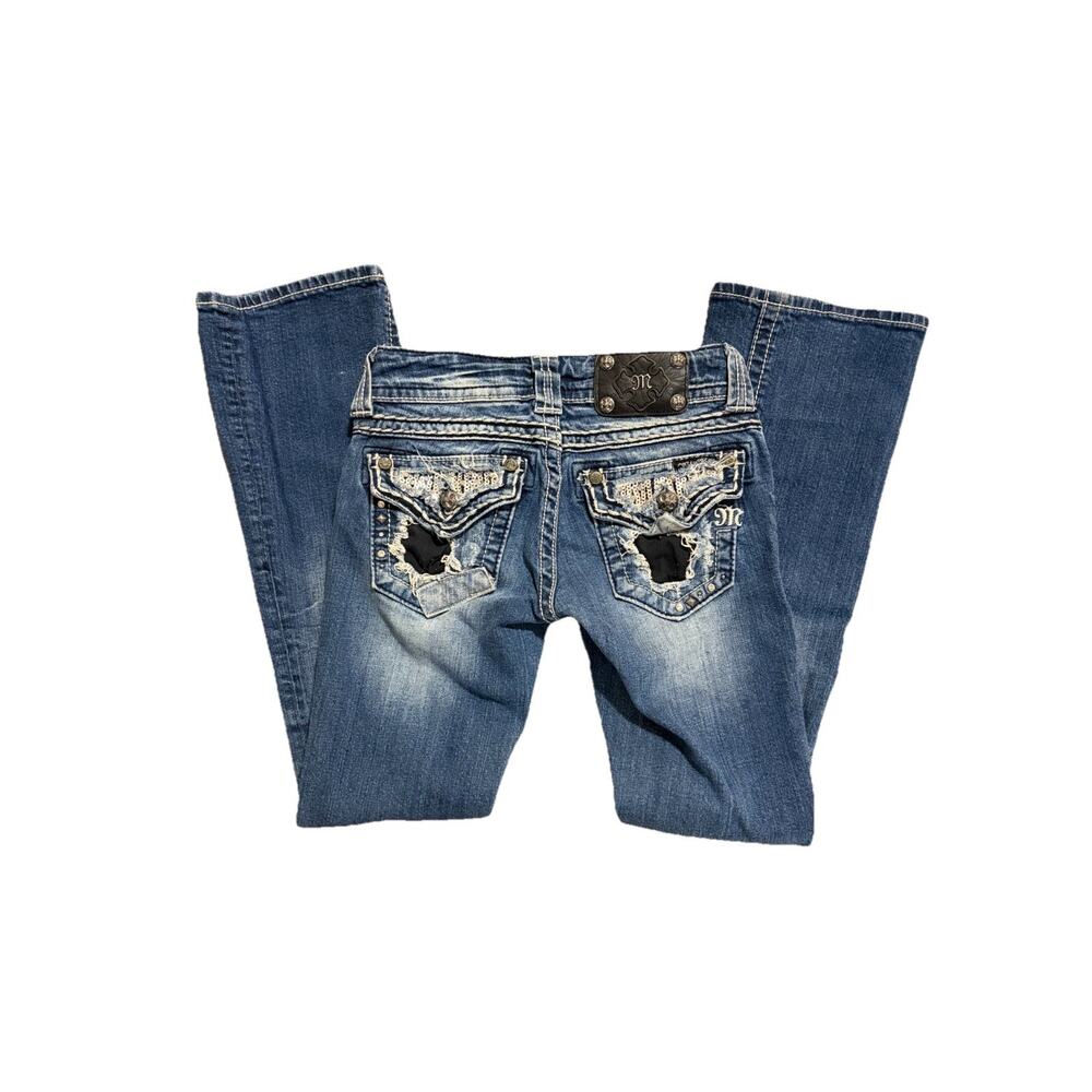 Miss Me Women's Y2K Bootcut Denim Jeans Size 25 Patches Embellished Low Rise